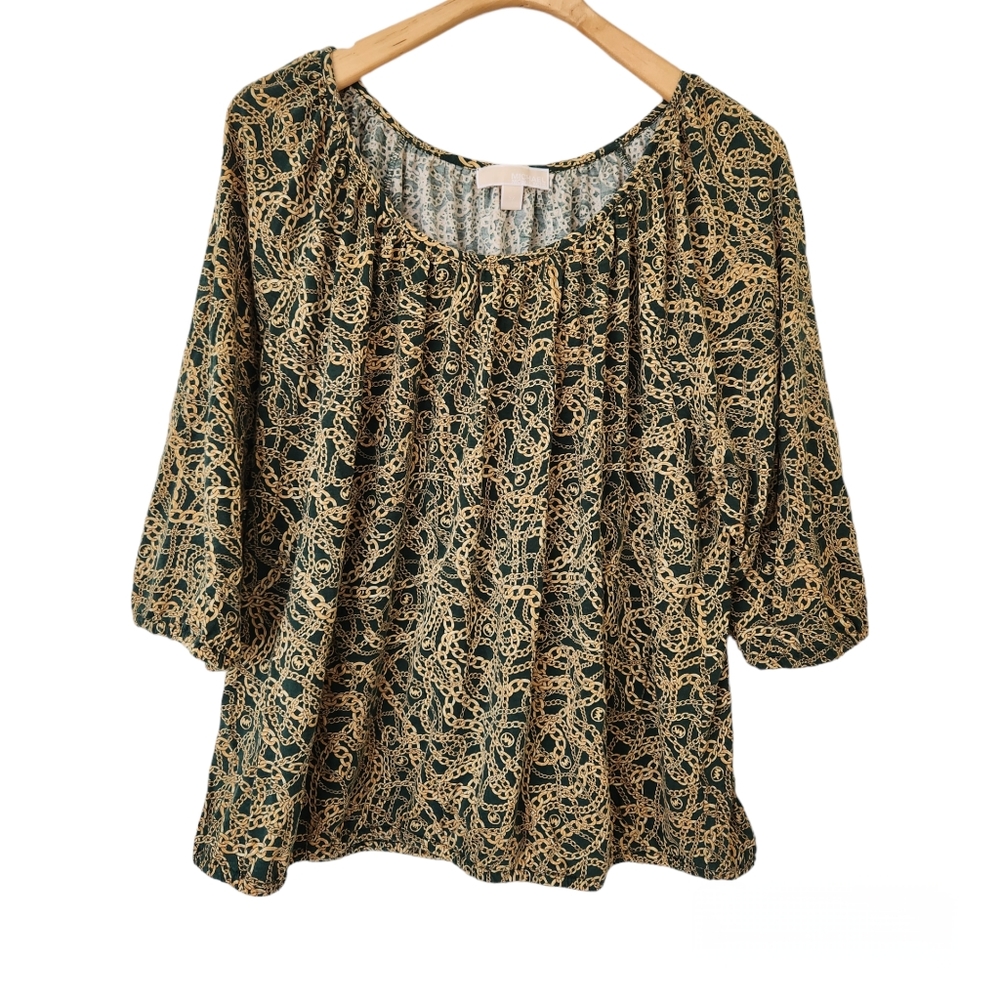 Michael Kors Womens Top Green Gold Chain Link Logo Print 3/4 Sleeve 3X